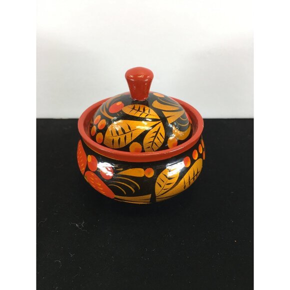 Vintage Russian Khokhloma Lacquered Wood Jar with Lid Painted Red Black - Picture 2 of 10